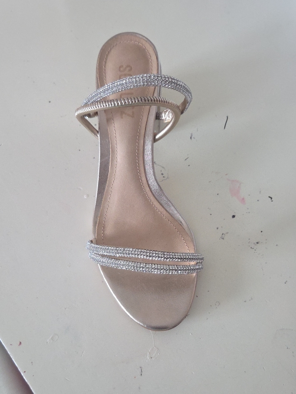 Womens Metallic Gold Rhinestone Slide Sandals